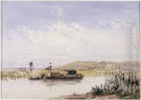 A Barge On A Canal Oil Painting by David I Cox