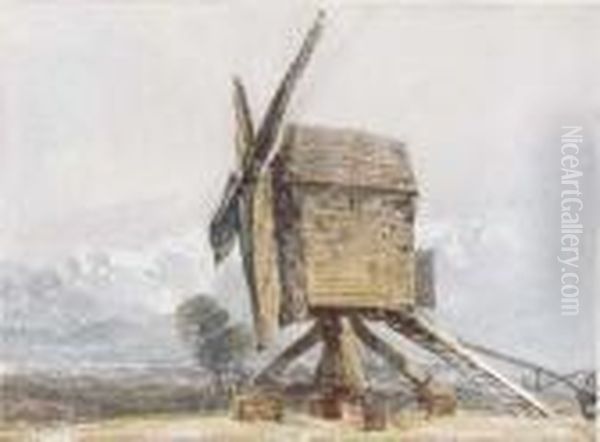 Windmill In A Landscape Oil Painting by David I Cox