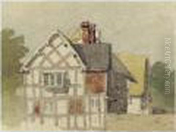 A Half-timbered Cottage Oil Painting by David I Cox