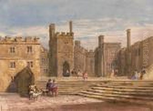 Figures In Historical Costume Before Haddon Hall, Derbyshire Oil Painting by David I Cox