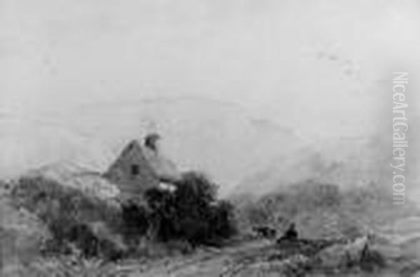 A Figure Seated On The Side Of A Track, Below A Cottage Oil Painting by David I Cox