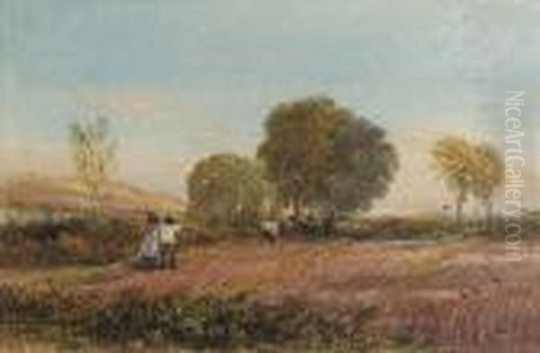 A Ploughing Scene In Surrey Oil Painting by David I Cox