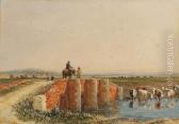 Figures Crossing A Bridge, Cattle Watering Below Oil Painting by David I Cox