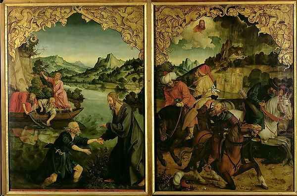 Stories of SS Peter and Paul altarpiece detail showing L to R Vocation of St Peter Conversion of St Paul Oil Painting by Hans von Klumbach