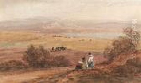 Figures In A Rural Landscape With The Sea Beyond by David I Cox