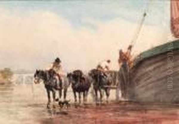 Unloading A Boat On The Thames At Low Tide, London Oil Painting by David I Cox