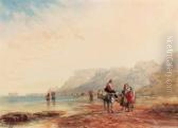 The Beach Near Calais, Fort Rouge In The Distance, France Oil Painting by David I Cox