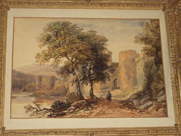 Conway Castle With Figure On A Pathway Before Oil Painting by David Cox