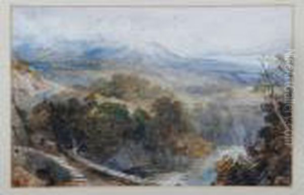 A View Across A Stone Bridge With Cloud Covered Mountains On The Horizon Oil Painting by David Cox