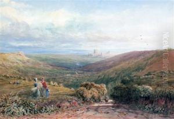 Harvesters In An Extensive Landscape Oil Painting by David Cox