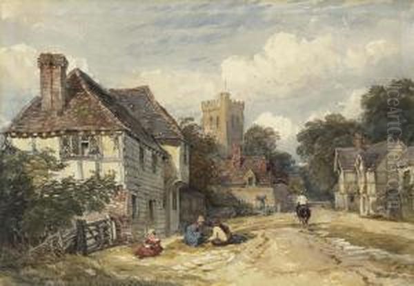 A Village Street With Figures And A Horseman, A Church Oil Painting by David Cox