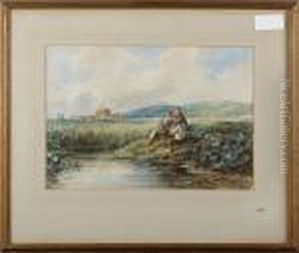 Boys Fishing, With Distant Hay Cart Oil Painting by David Cox