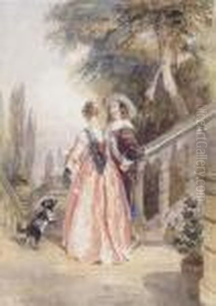 A Couple By Some Stone Steps, Possibly Powis Castle Oil Painting by David Cox