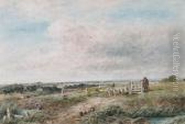 A Shepherd And Flock By A Gate In An Open Landscape Oil Painting by David Cox