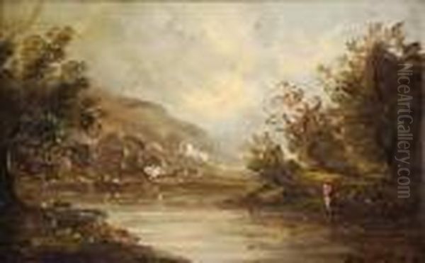 Extensive River Landscape Oil Painting by David Cox