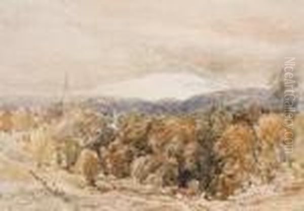 Village In Wooded Mountain Landscape Oil Painting by David Cox