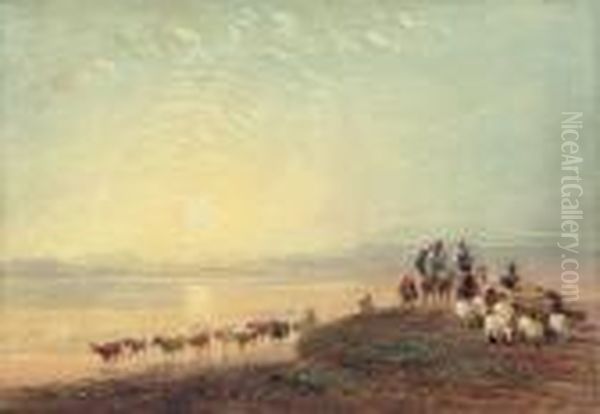 Figures Crossing The Sands, Ulverston Oil Painting by David Cox