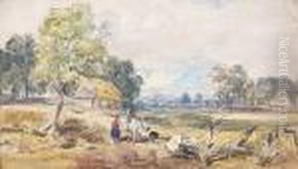 Travellers By A Common Oil Painting by David Cox