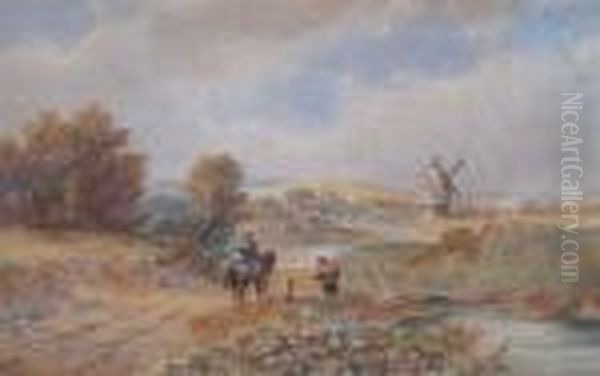 Landscape With Windmill And Travellers Oil Painting by David Cox