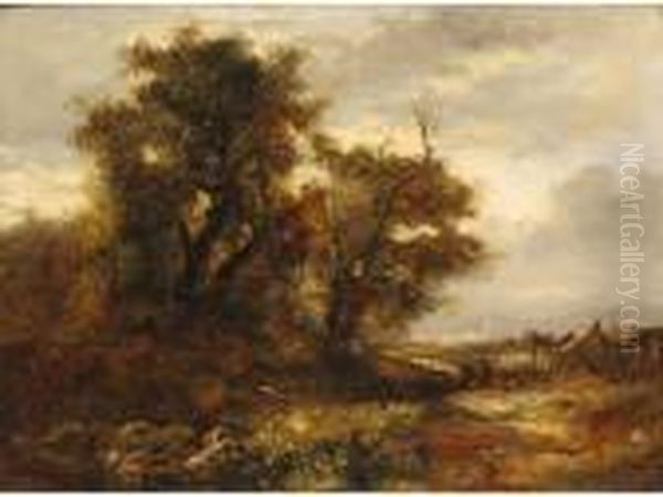 A Landscape With Farm Cottages And A Rocky Pond Oil Painting by David Cox