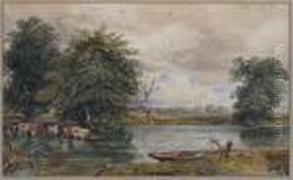 River Landscape With Cattle And A Punt Oil Painting by David Cox