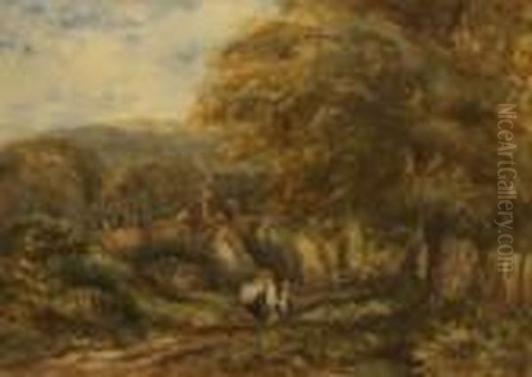 Figures In A Wooded Lane By Cottages Oil Painting by David Cox