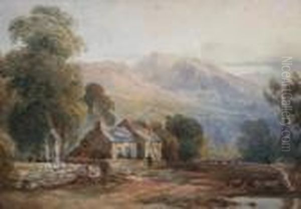 Figures By A Rural Cottage With Distant Cattle Oil Painting by David Cox