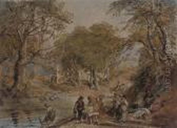 Figures Washing At The River Oil Painting by David Cox