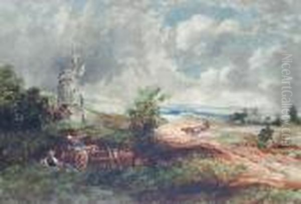 Bracken Gatherers Before A Windmill Oil Painting by David Cox