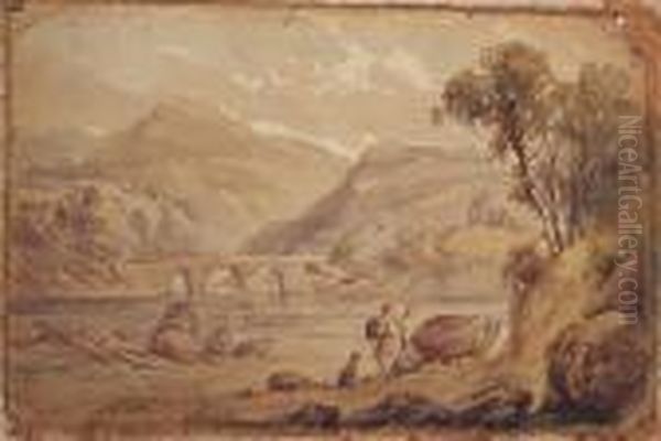 Figures In A Highland Water Landscape Oil Painting by David Cox