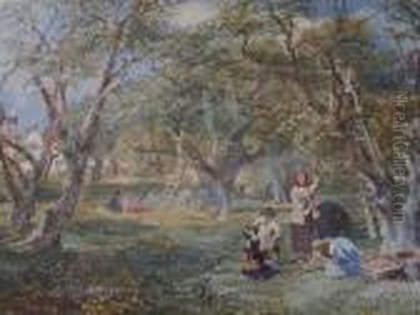 Picking Apples In The Orchard Oil Painting by David Cox