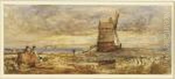 Figures Resting By Haystacks Near A Windmill At Twilight Oil Painting by David Cox