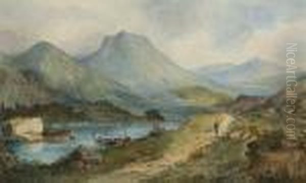 Lakeside With Mountains Beyond Oil Painting by David Cox