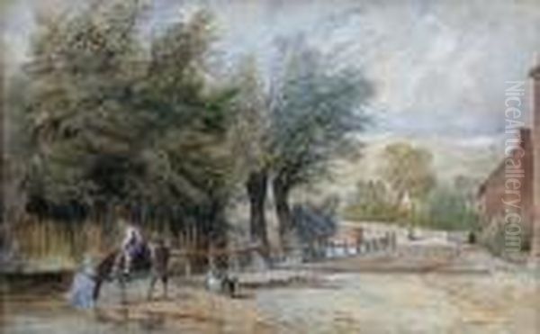 Ahorseman Watering His Horse At A Mill Stream Watercolour 27 X43cm Oil Painting by David Cox