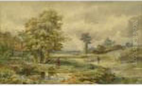 Rural Landscape Withfigure By Pond And Shepherd With Flock Oil Painting by David Cox