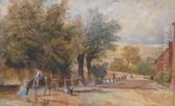 Jnr - Village Scene With Figure On Horseback Oil Painting by David Cox