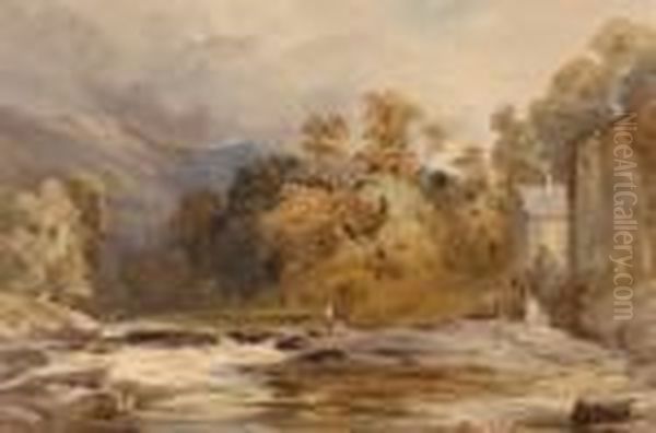 Welsh River Landscape With Mill And Figures On Rocks Oil Painting by David Cox