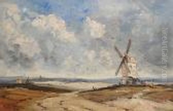 Beach Scene With Windmill Oil Painting by David Cox