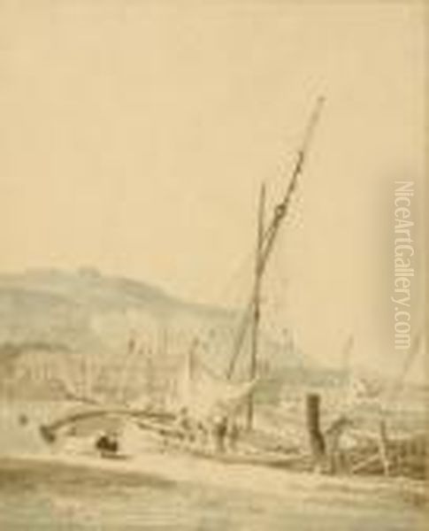 Sailingboat In A Harbor; And Two Companion Works Oil Painting by David Cox