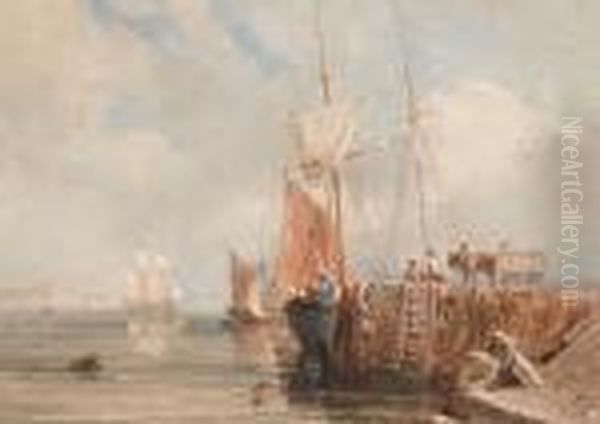 Sailing Boats At A Quayside, Possibly Criccieth Oil Painting by David Cox