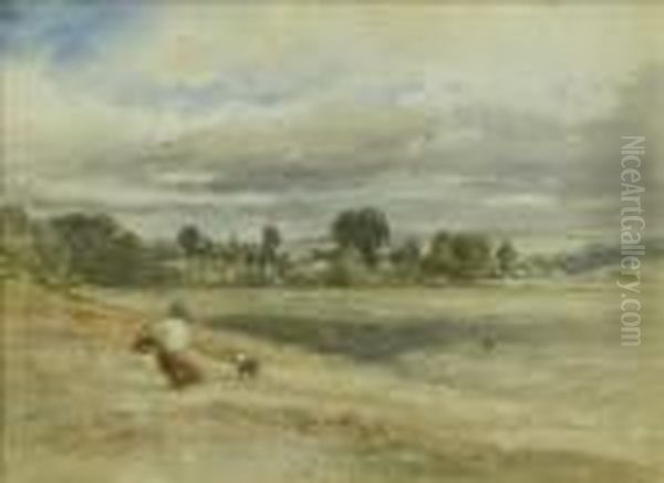 Woman And Collie On A Hillside, A Town Beyond Oil Painting by David Cox