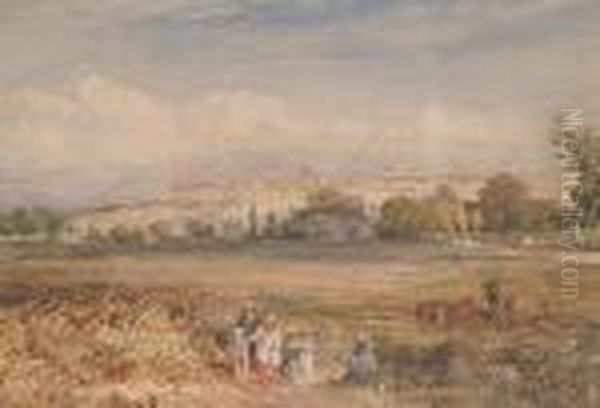 Figures Before A Town; And 'grenoble' Oil Painting by David Cox