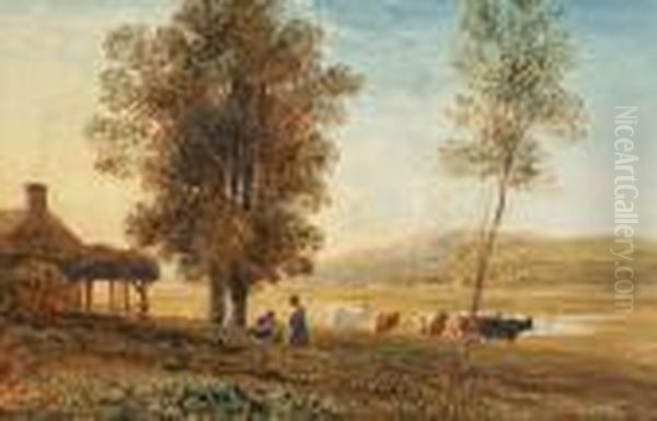 Figures And Cattle In A Landscape Oil Painting by David Cox