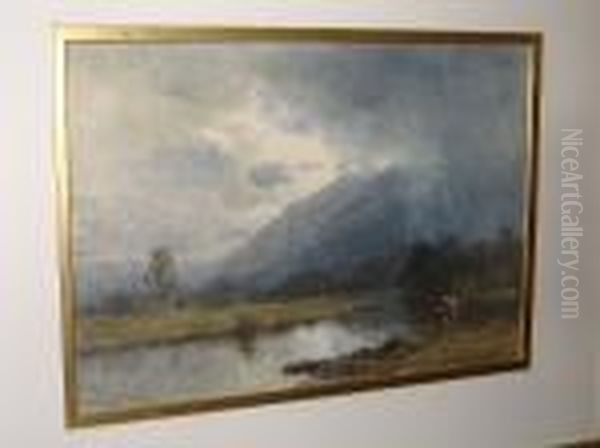 A Stormy River Landscape, A Fisherman To The Fore Oil Painting by David Cox