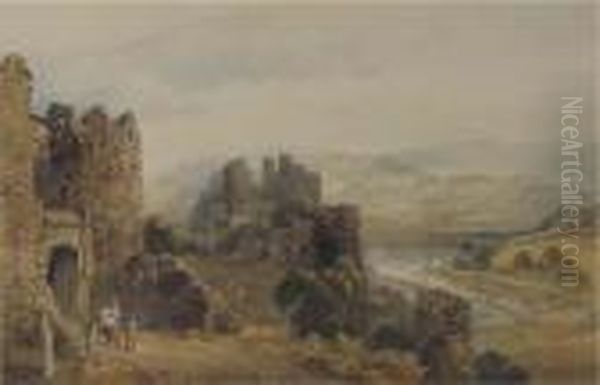 Figures Below Conway Castle Oil Painting by David Cox