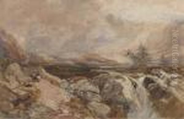 Figures In A Welsh Valley Oil Painting by David Cox