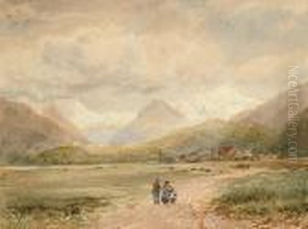 Figures With A Goat In A Rural Landscape Oil Painting by David Cox