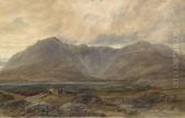 Peat Cutters In A Mountainous Landscape Oil Painting by David Cox