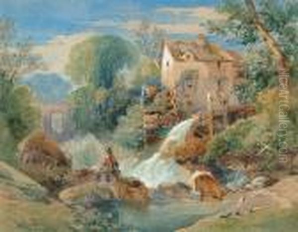 Figure In Front Of A Mill Oil Painting by David Cox