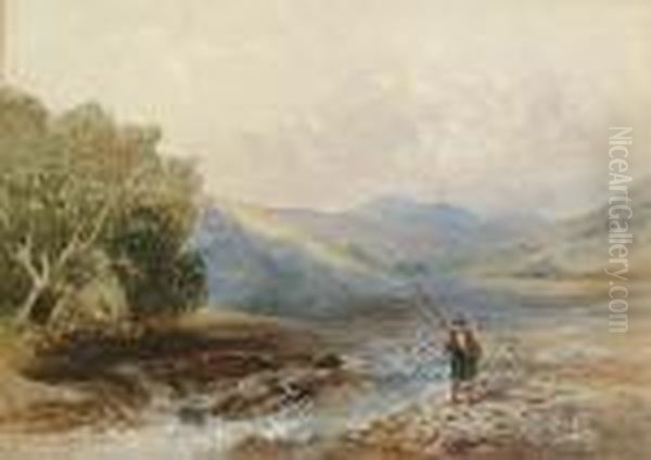 Fisherman On A Highland River Oil Painting by David Cox